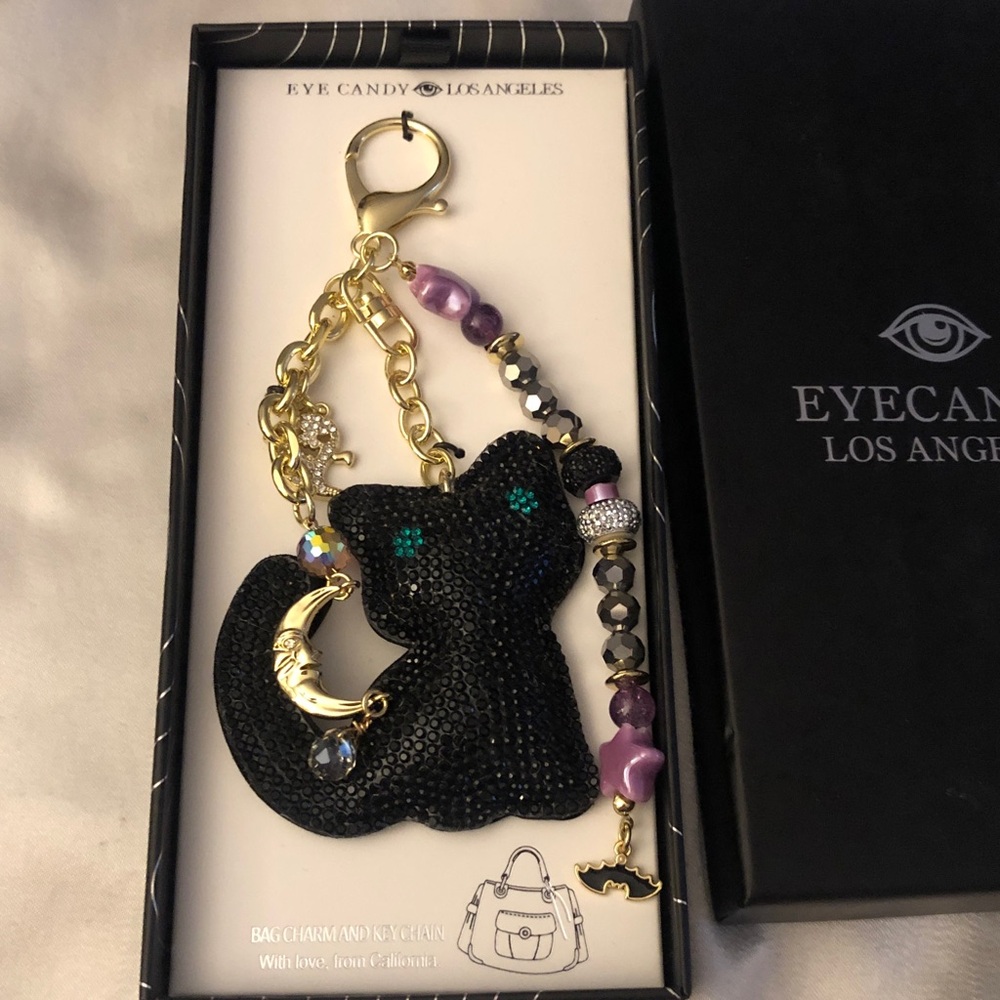 Eye Candy Los Angeles Black Cat Crescent Moon & Ghost Keychain Bag Charm NIB